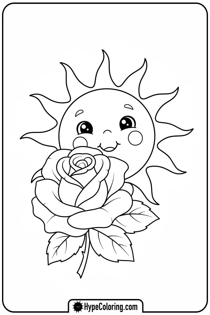 smiling-sun-behind-rose - roses coloring pages