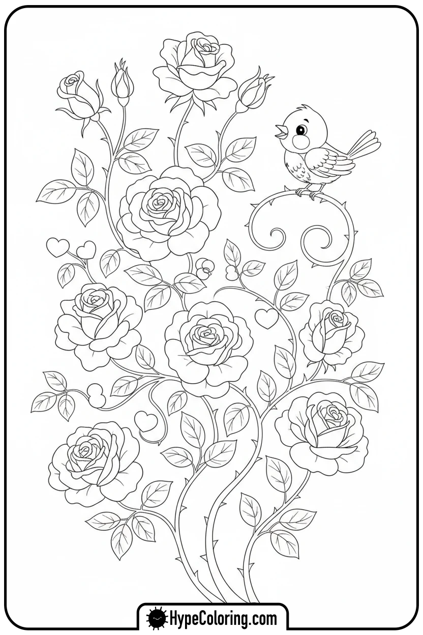 bird-on-rose-bush - roses coloring pages