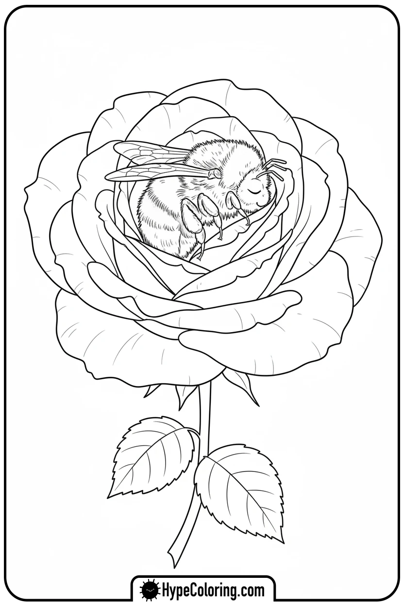bee-sleeping-in-rose - roses coloring pages