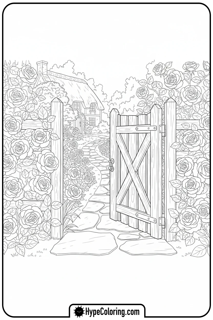 rose-garden-gate - roses coloring pages