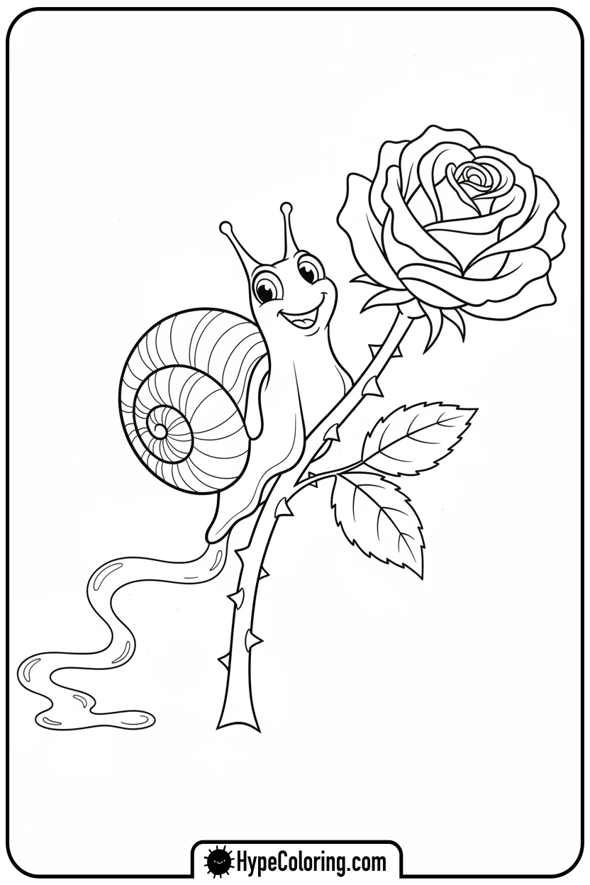 snail-on-rose-stem - roses coloring pages