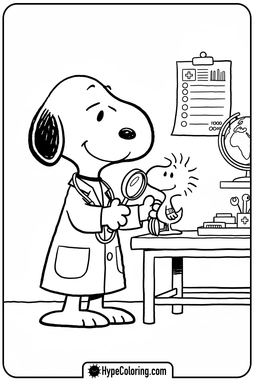 snoopy-as-doctor-checking-woodstock - snoopy color pages