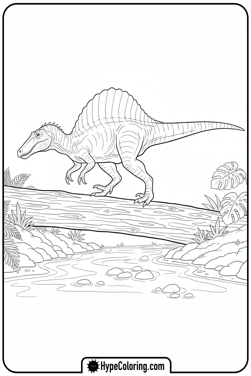 spinosaurus-crossing-log-bridge - spinosaurus coloring page