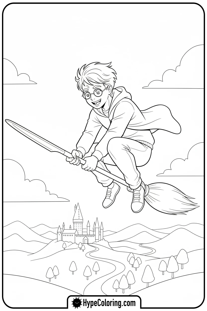harry-flying-on-a-broom - harry potter coloring pages