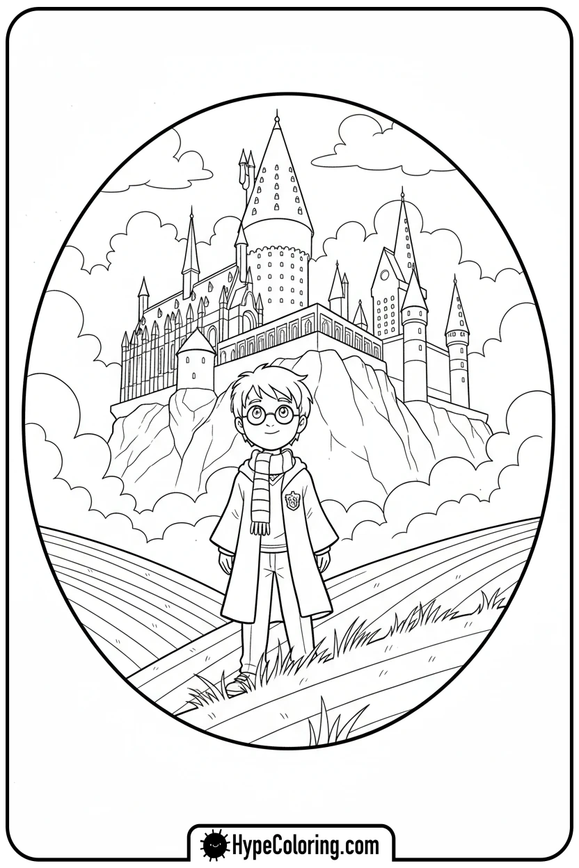 harry-looking-at-hogwarts - harry potter coloring pages