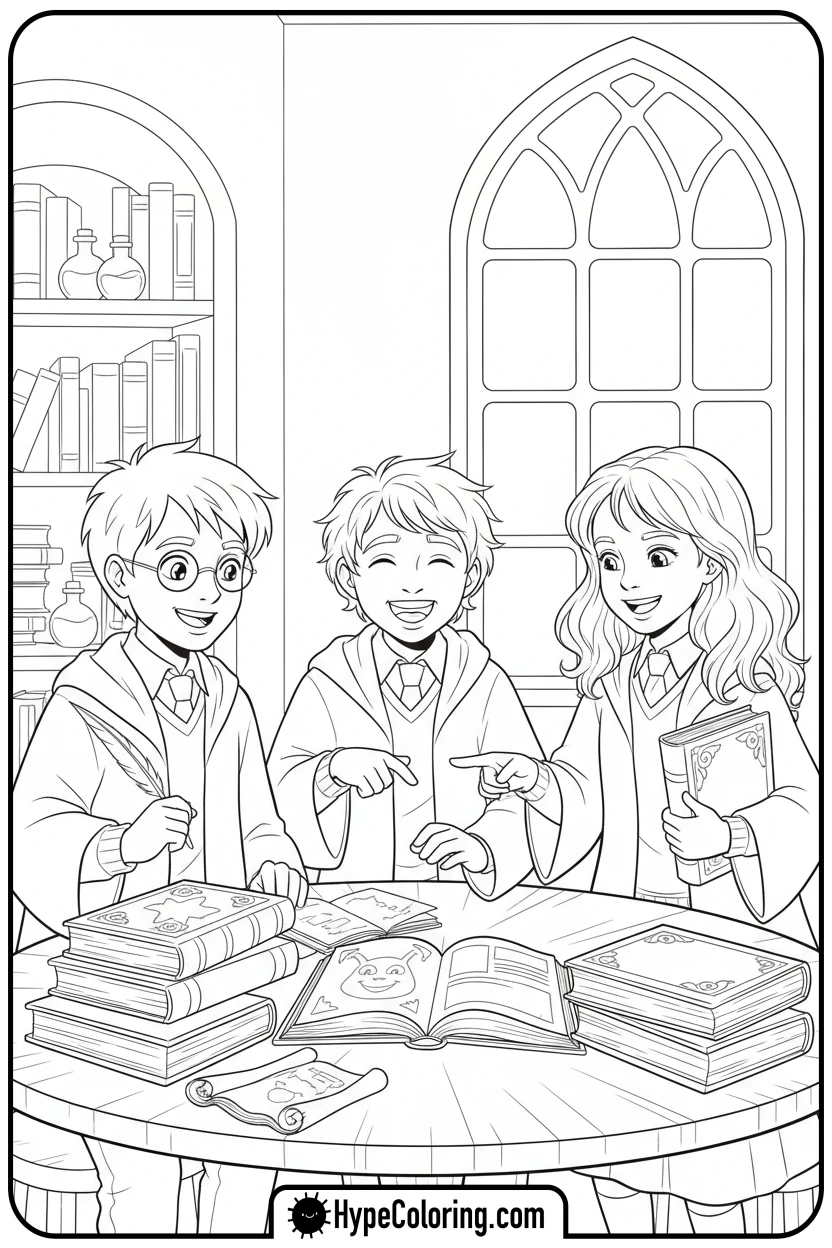 harry-ron-hermione-studying - harry potter coloring pages