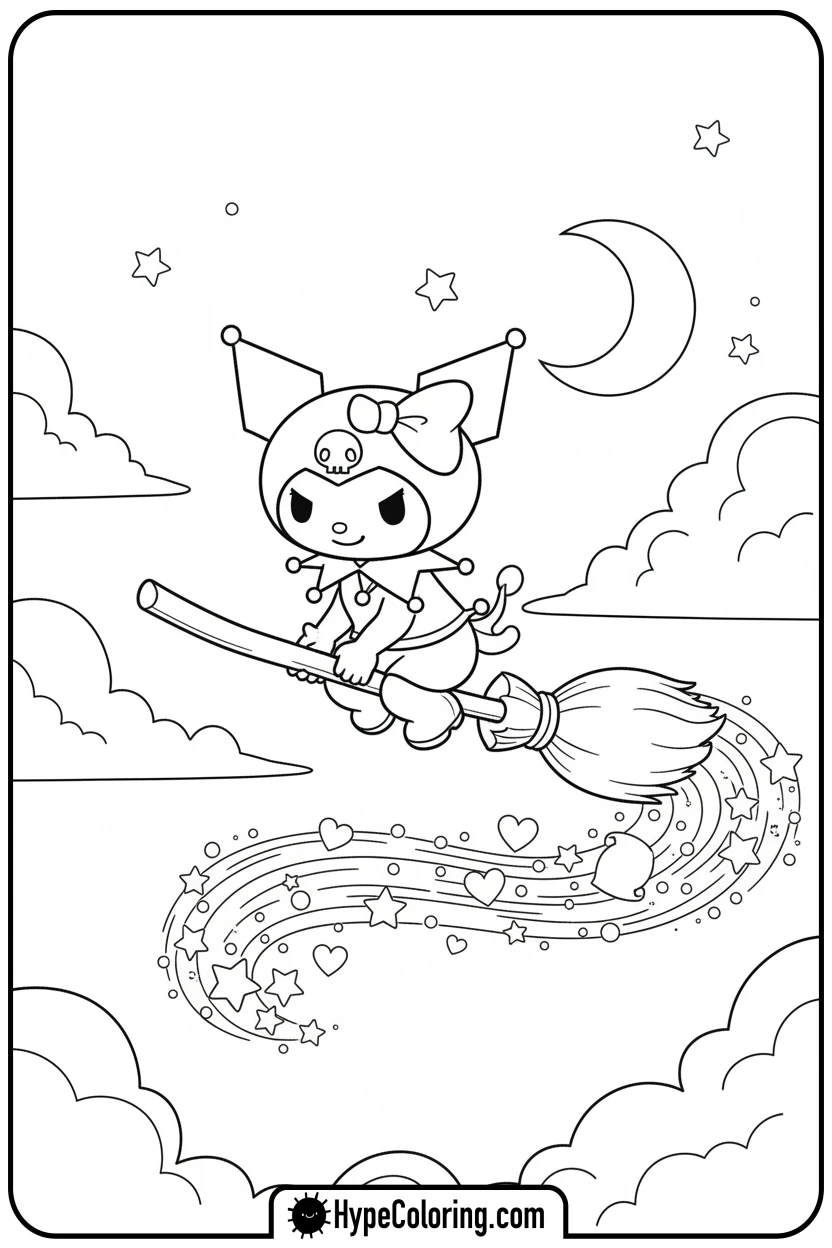 kuromi-flying-on-broom - kuromi coloring pages