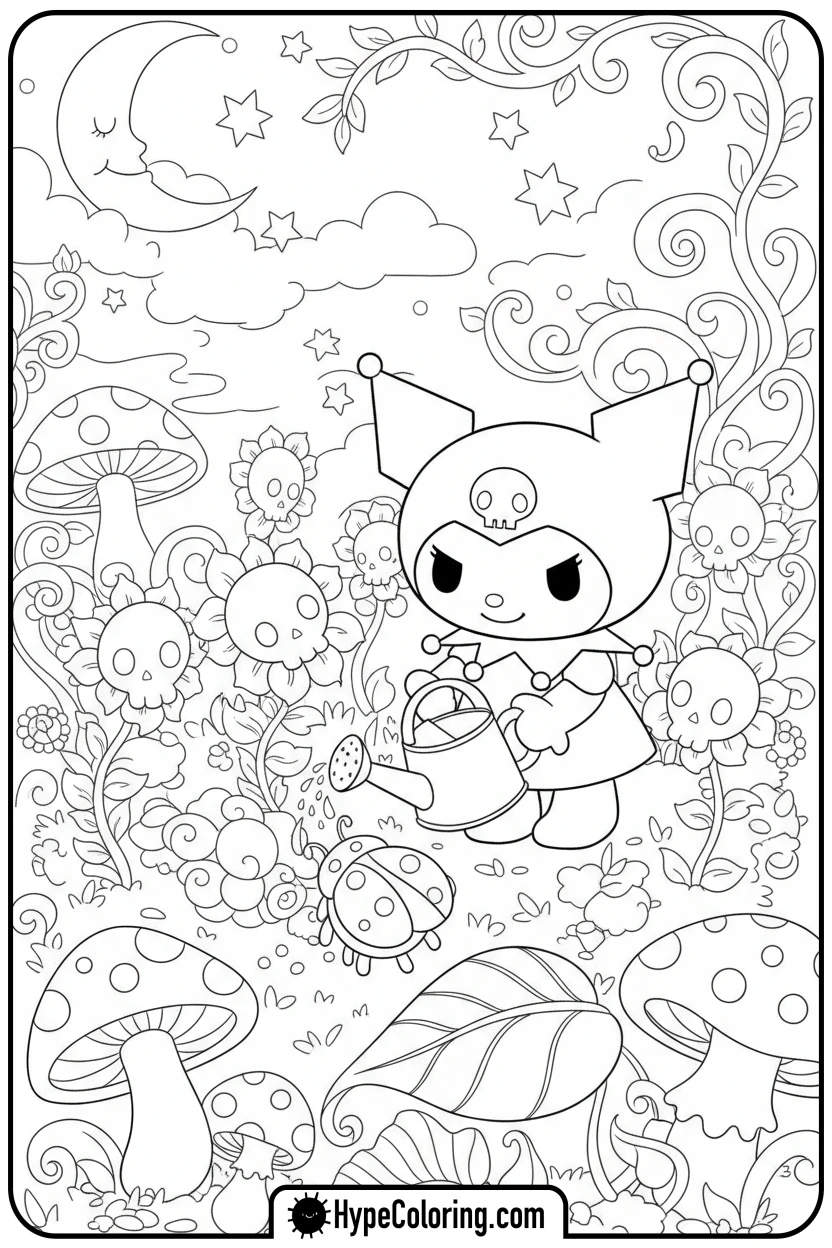 kuromi-gardening-skull-flowers - kuromi coloring pages