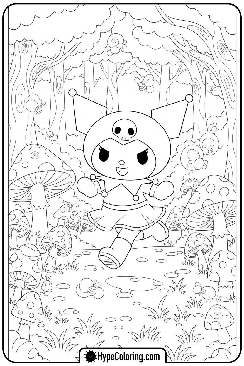 kuromi-skipping-in-enchanted-field - kuromi coloring pages