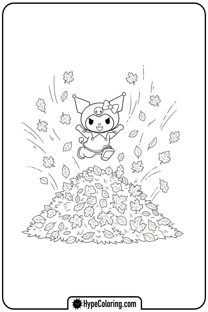 kuromi-jumping-in-leaves - kuromi coloring pages