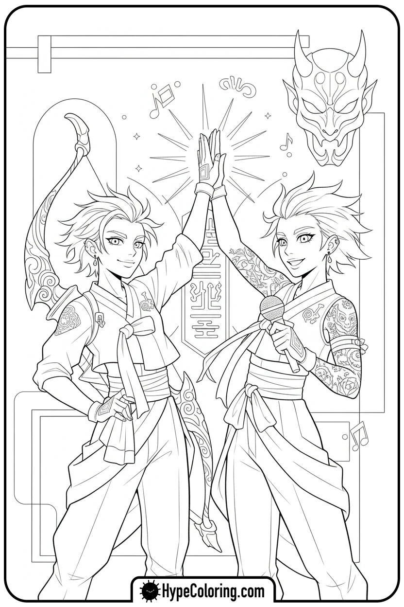 two-hunters-high-fiving - kpop demon hunters coloring pages