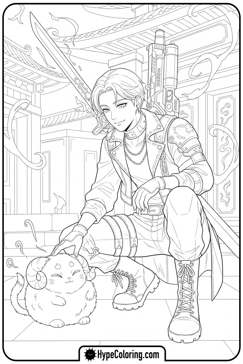 hunter-petting-friendly-demon-creature - kpop demon hunters coloring pages