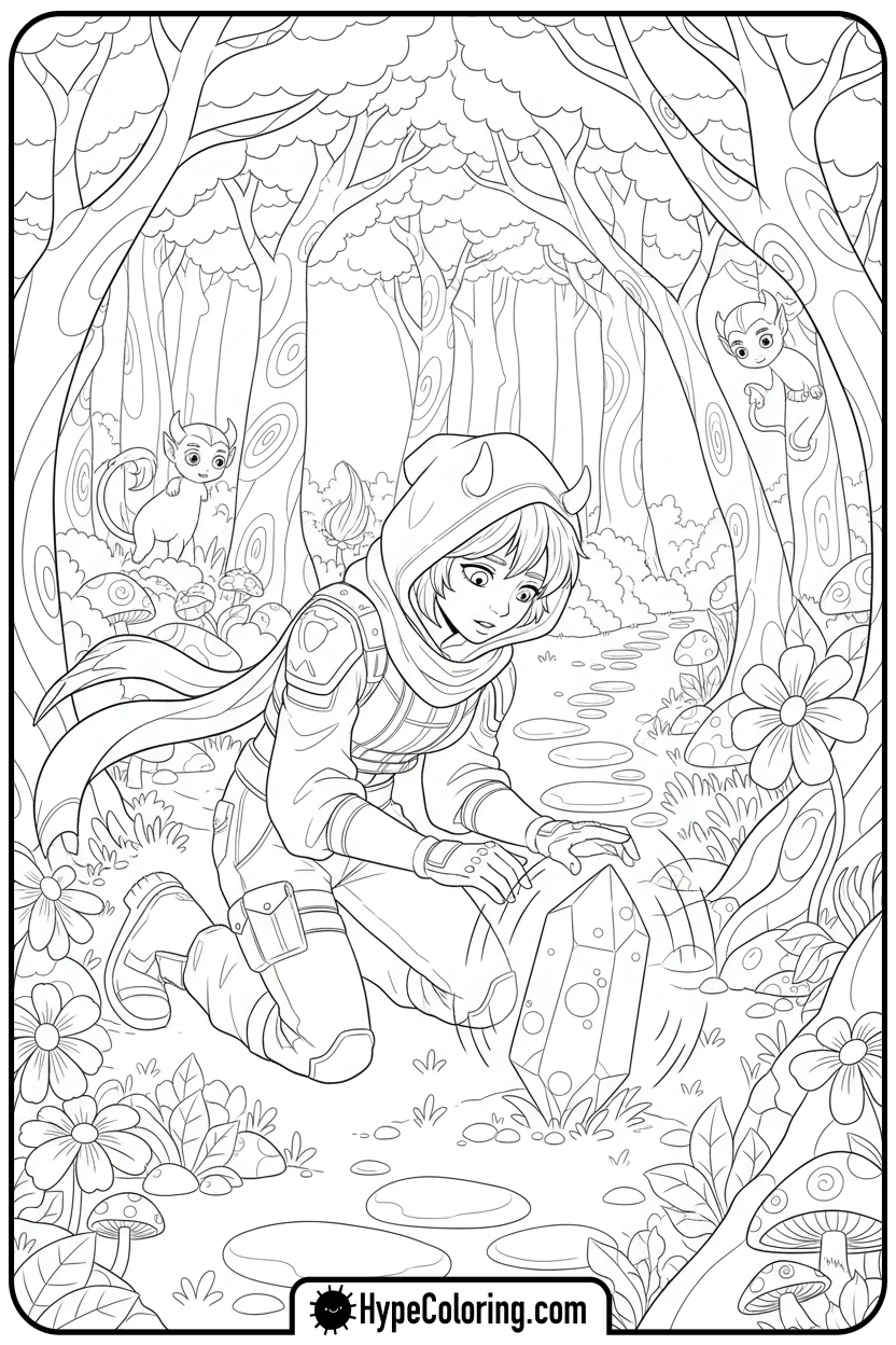 hunter-examining-glowing-crystal - kpop demon hunters coloring pages