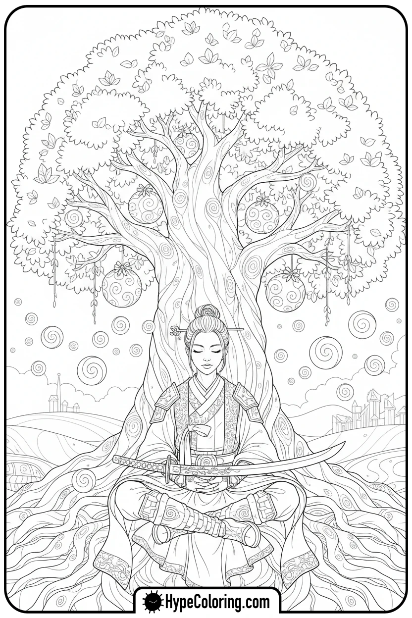 hunter-meditating-under-tree - kpop demon hunters coloring pages