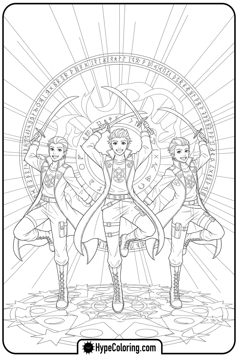 three-hunters-dancing-together - kpop demon hunters coloring pages