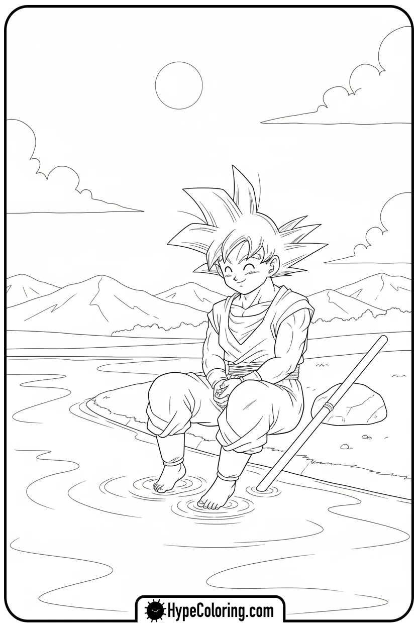 goku-relaxing-by-water - goku coloring pages