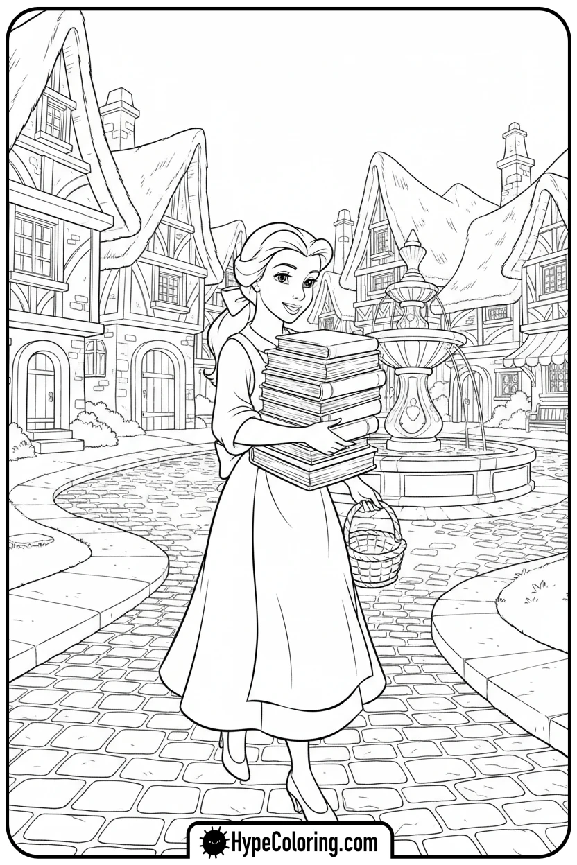 belle-walking-in-village - belle coloring pages