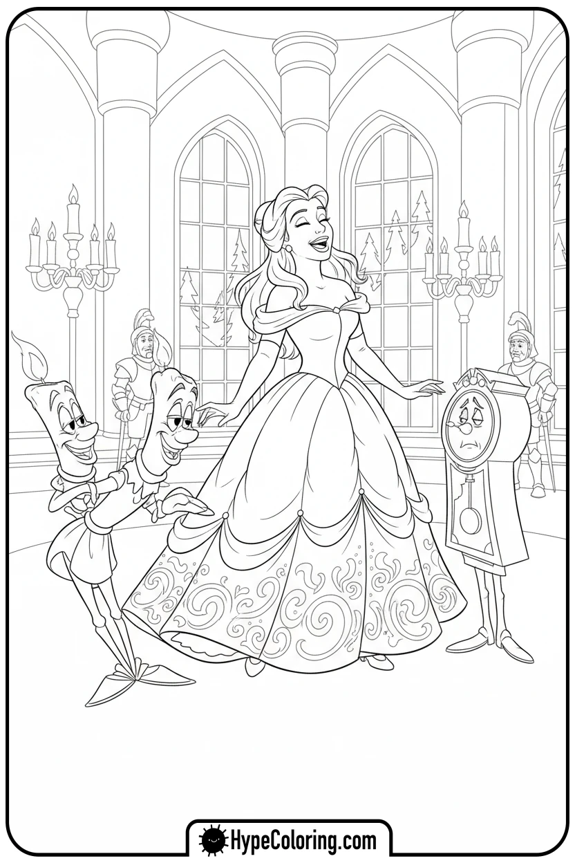 belle-with-lumiere-cogsworth - belle coloring pages