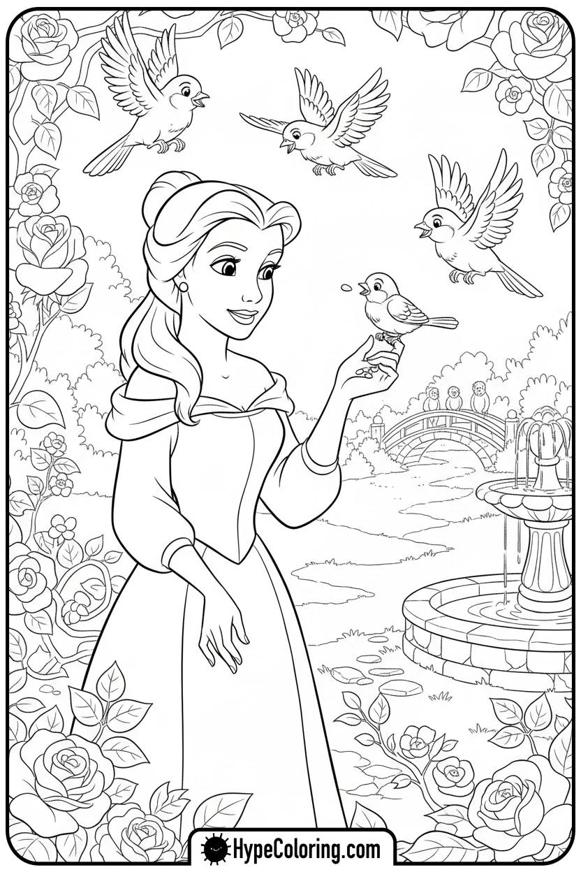 belle-feeding-birds - belle coloring pages