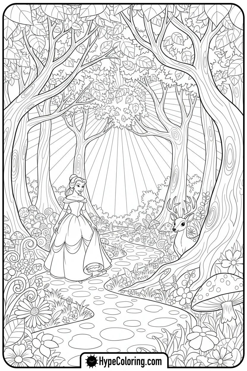 belle-walking-in-forest - belle coloring pages