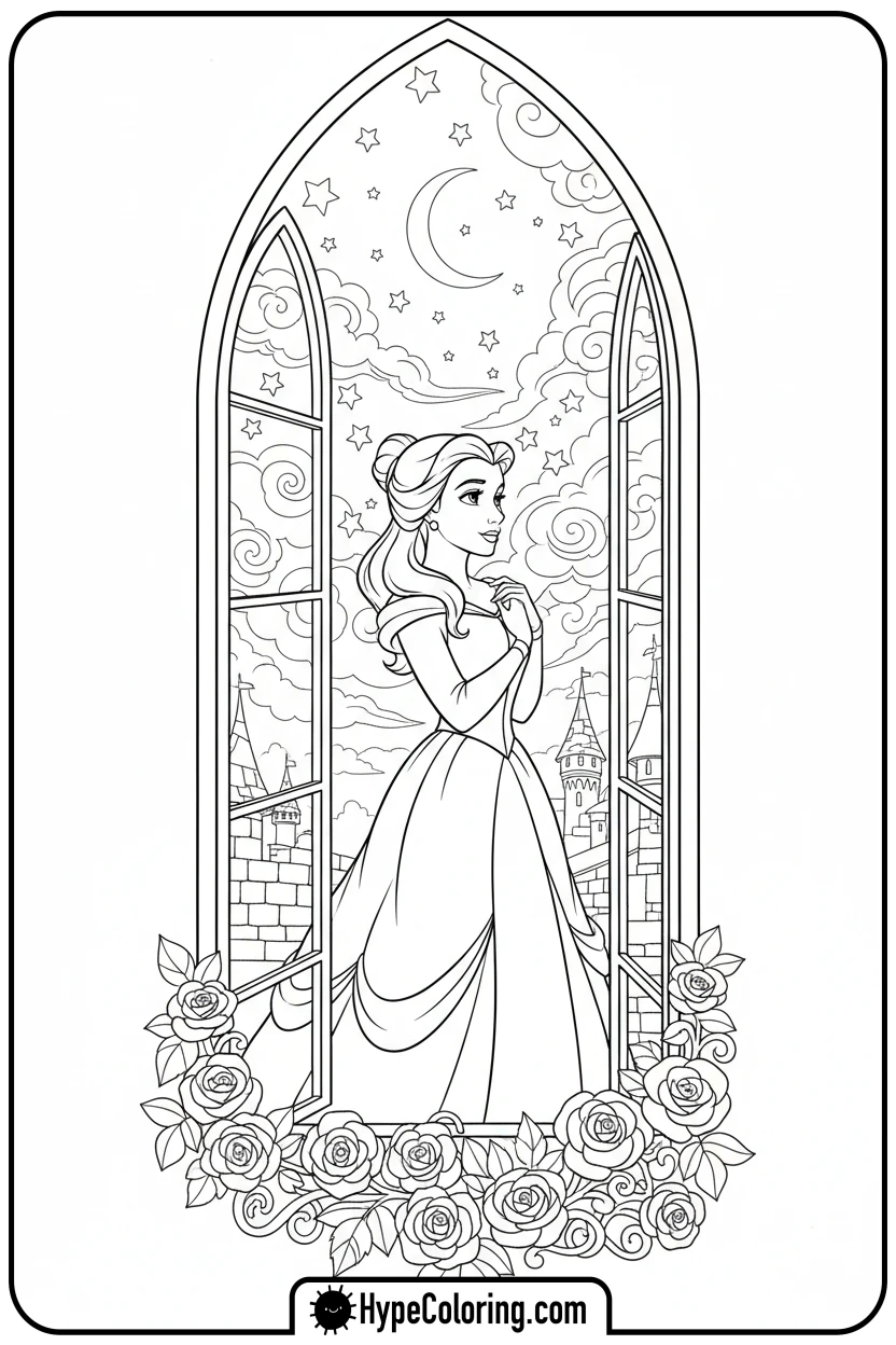 belle-dreaming-by-window - belle coloring pages