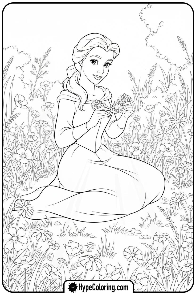 belle-weaving-flower-crown - belle coloring pages