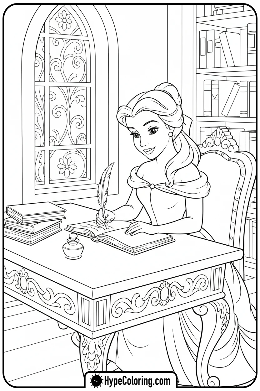 belle-writing-in-journal - belle coloring pages