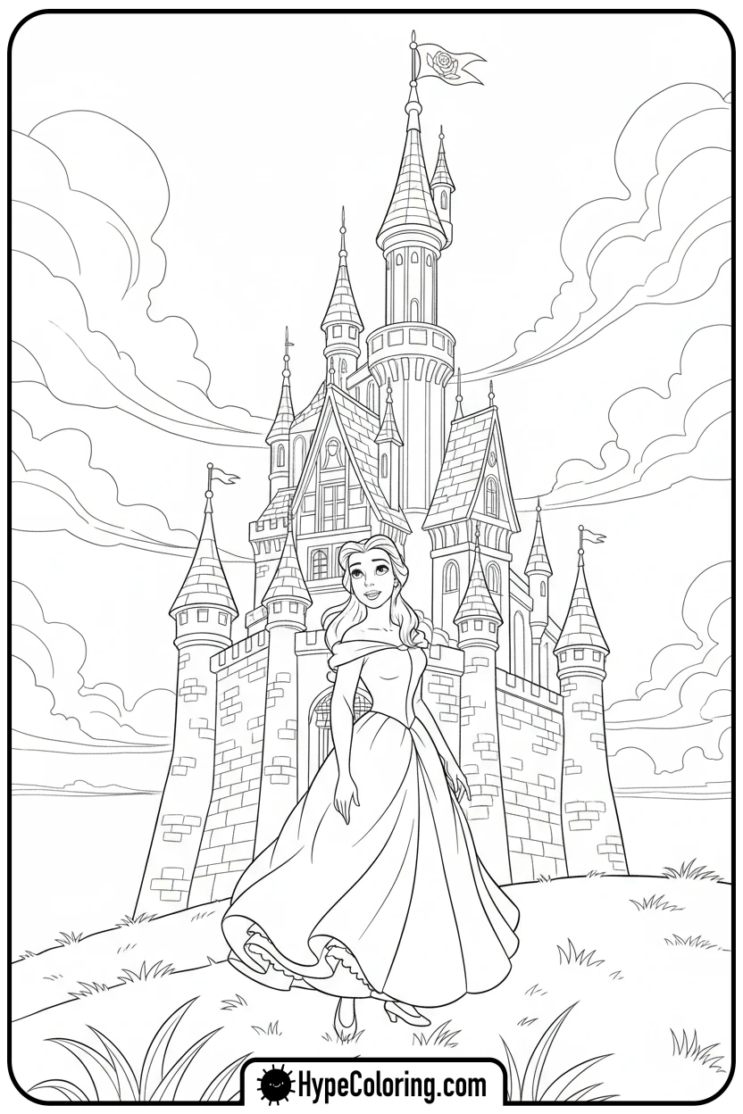 belle-looking-at-castle - belle coloring pages