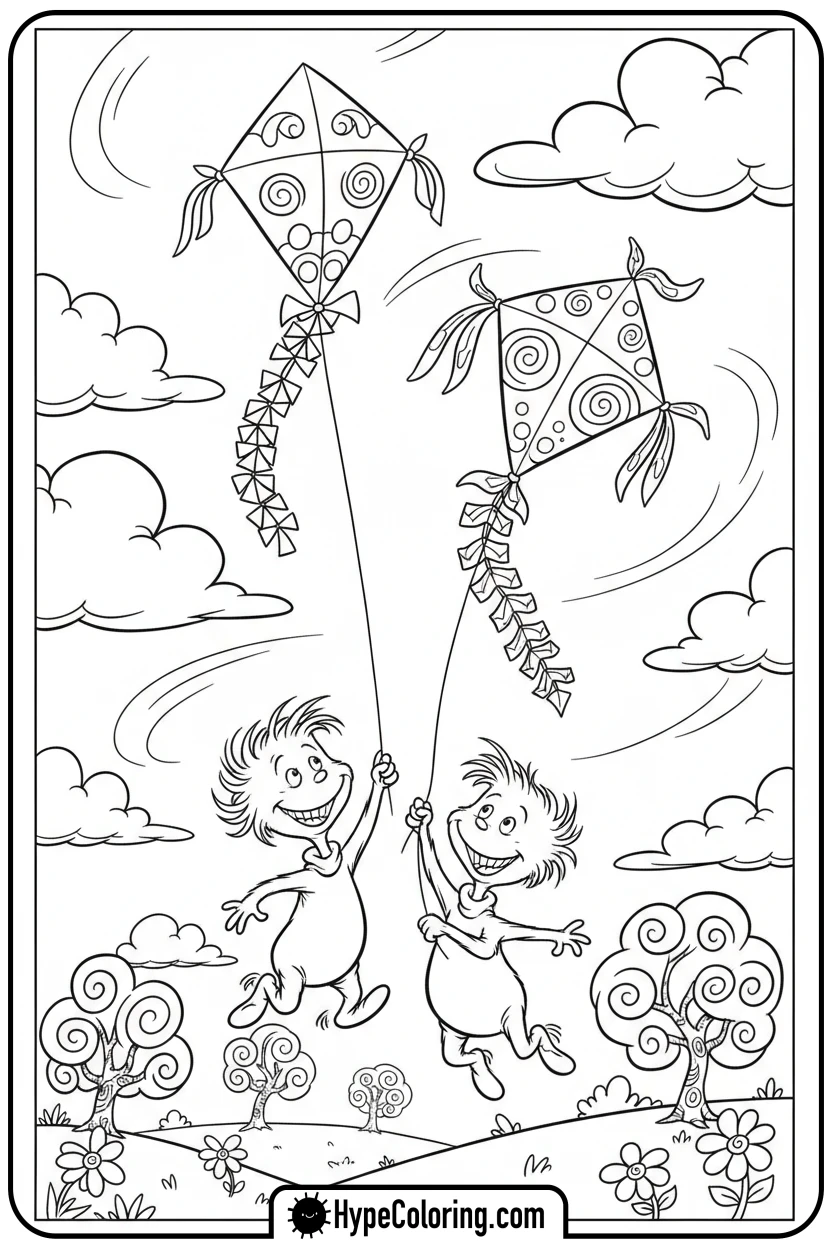 things-1-and-2-flying-kites - dr seuss coloring pages
