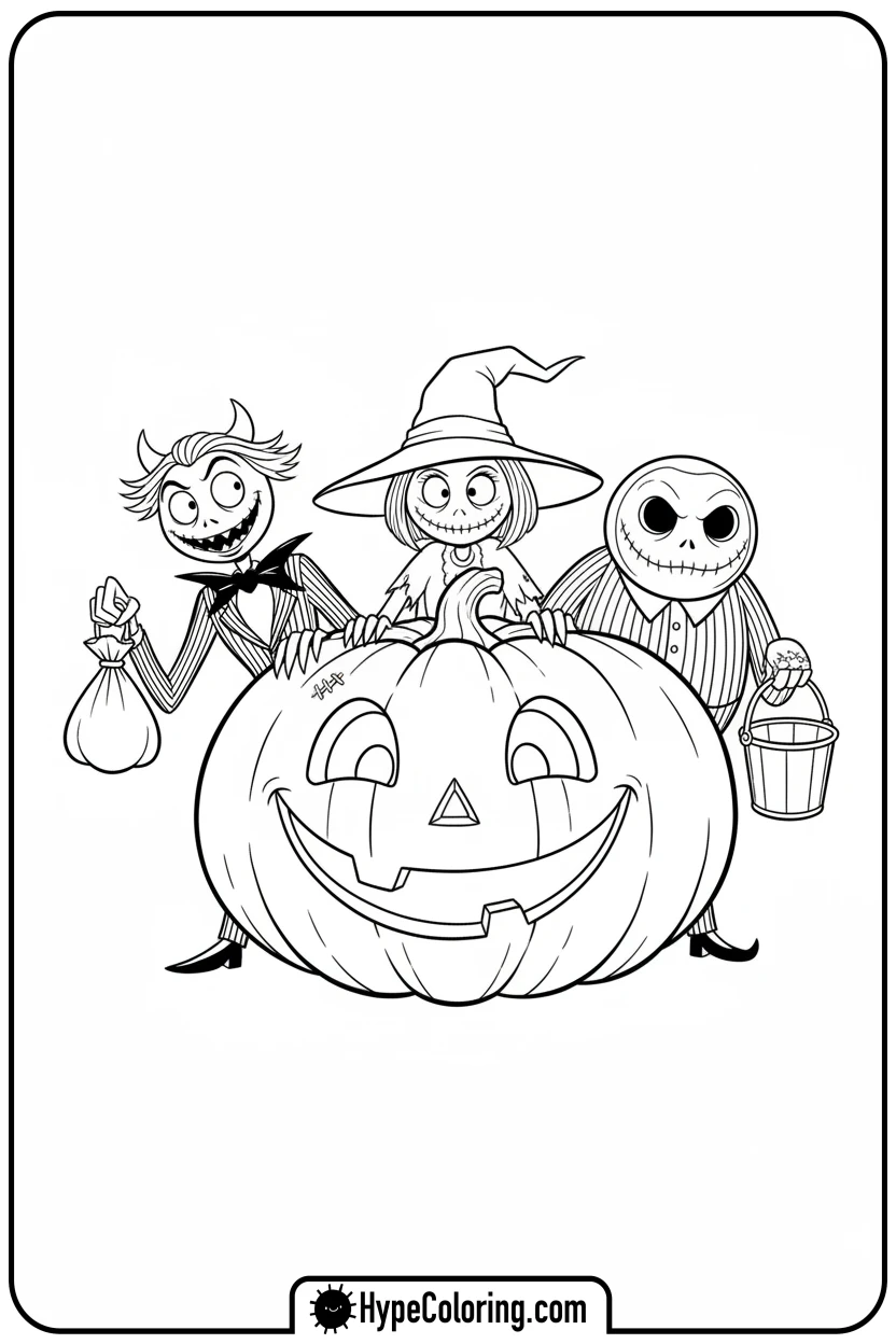 trio-peeking-from-pumpkin - nightmare before christmas coloring pages