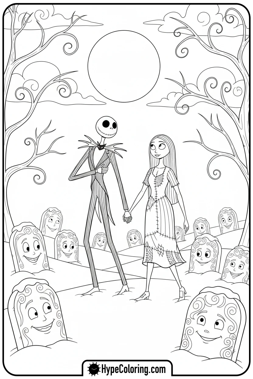 jack-and-sally-in-graveyard - nightmare before christmas coloring pages
