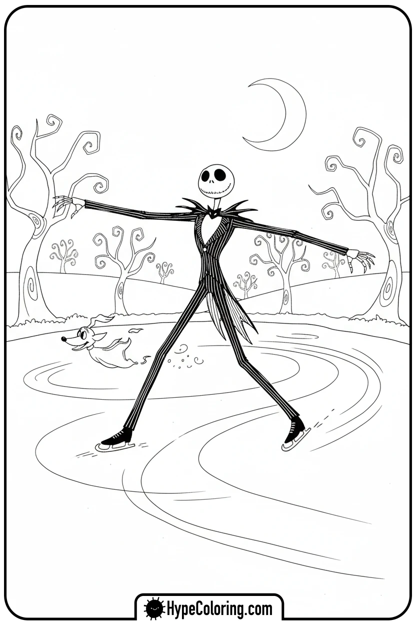 jack-ice-skating-with-zero - nightmare before christmas coloring pages