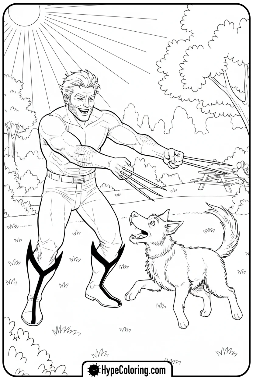 Click to download PDF wolverine-playing-fetch-with-dog - wolverine coloring pages