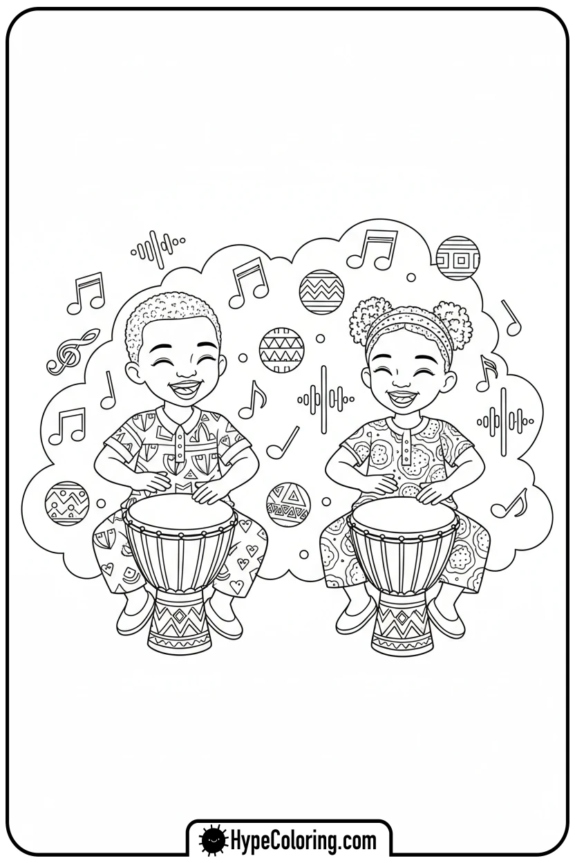 children-playing-drums - black history month coloring pages