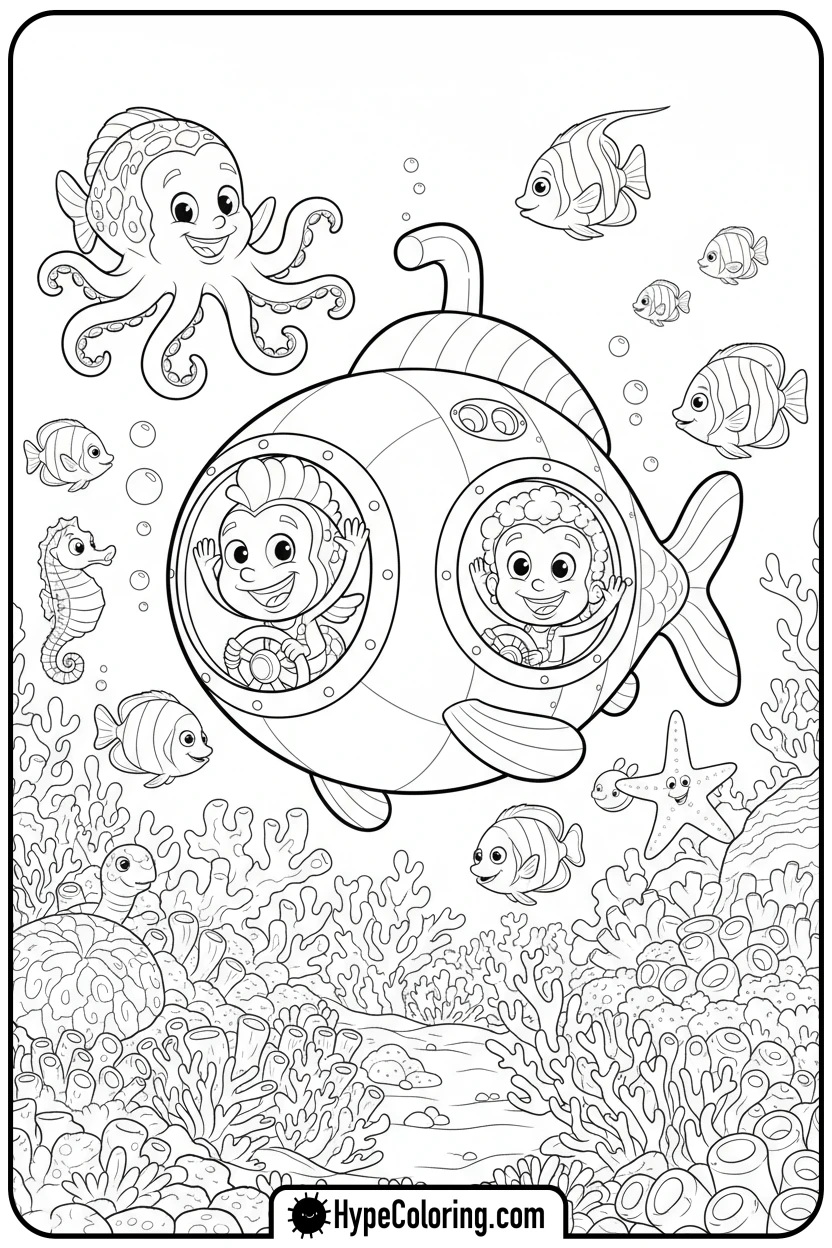 guppies-riding-a-fish-submarine - bubble guppies coloring pages