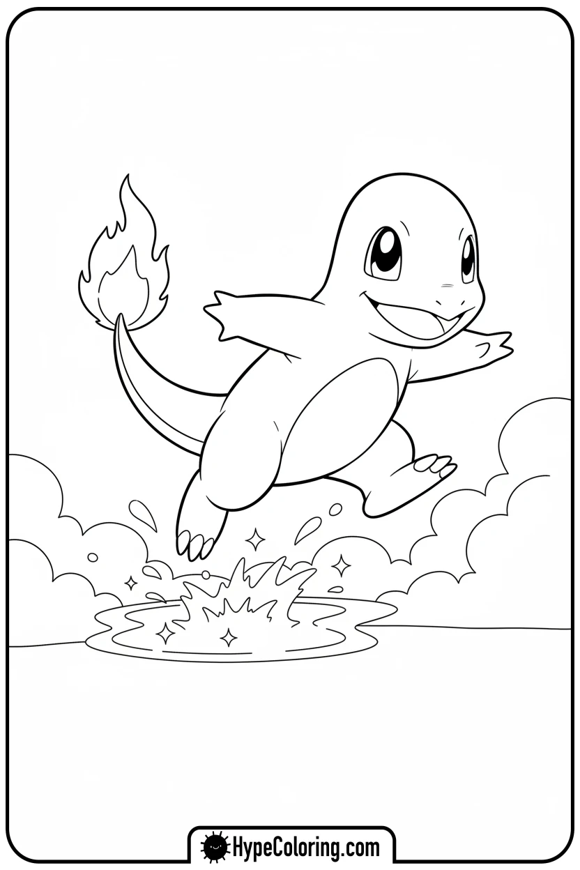 charmander-leaping-over-puddle - charmander coloring page