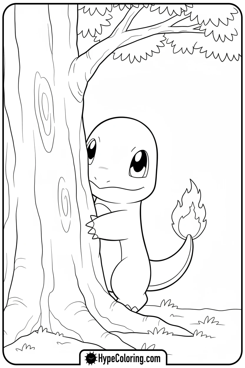 charmander-peeking-from-tree - charmander coloring page