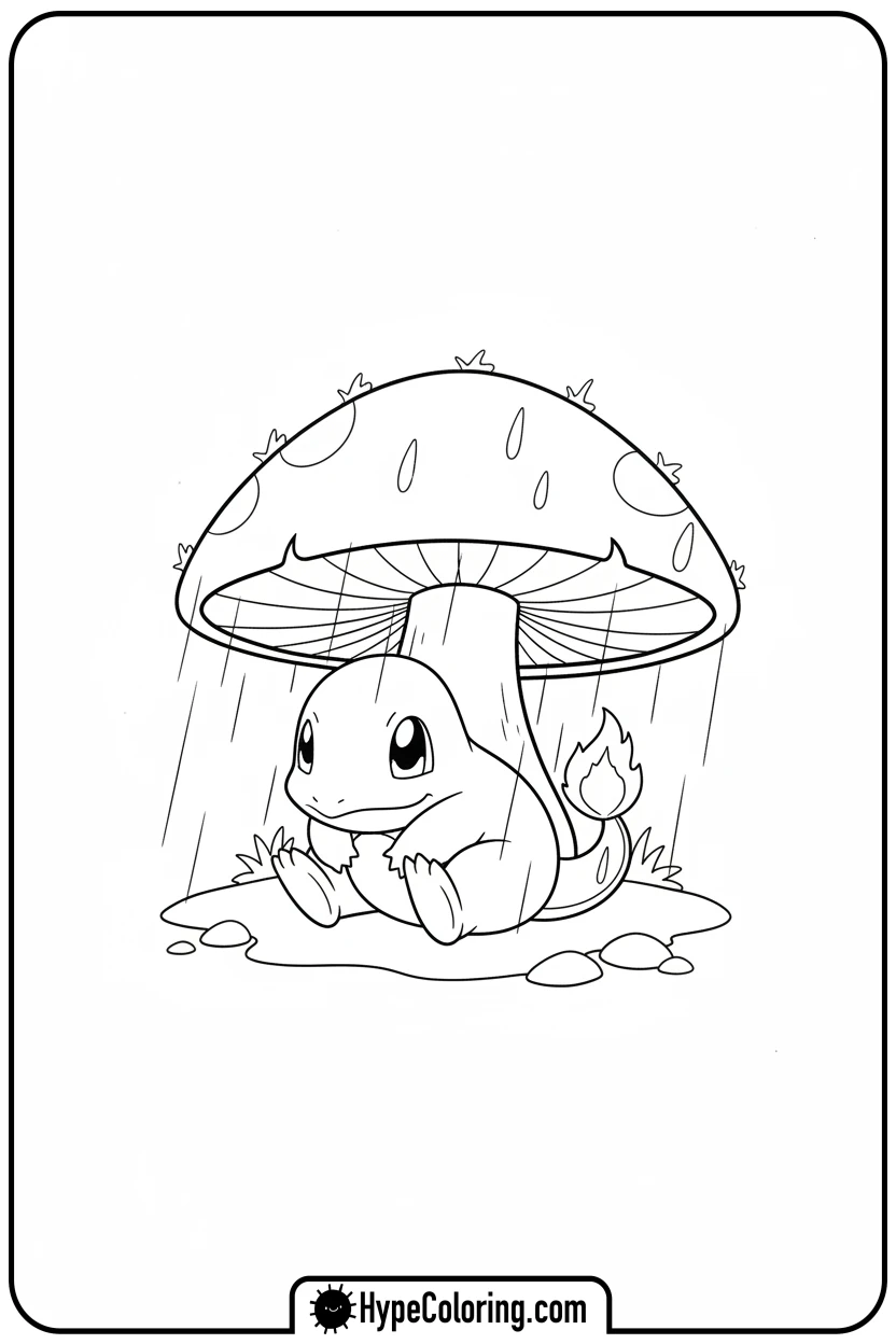 charmander-under-mushroom-in-rain - charmander coloring page