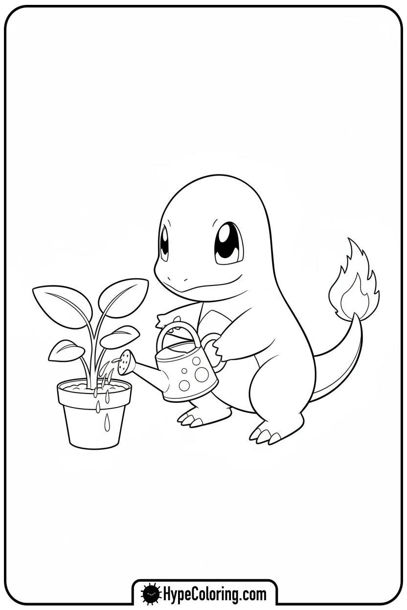 charmander-watering-plant - charmander coloring page