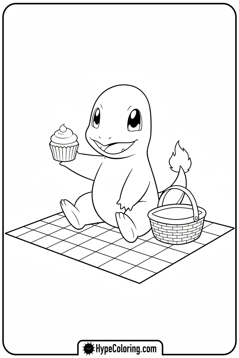 charmander-sharing-cupcake-at-picnic - charmander coloring page