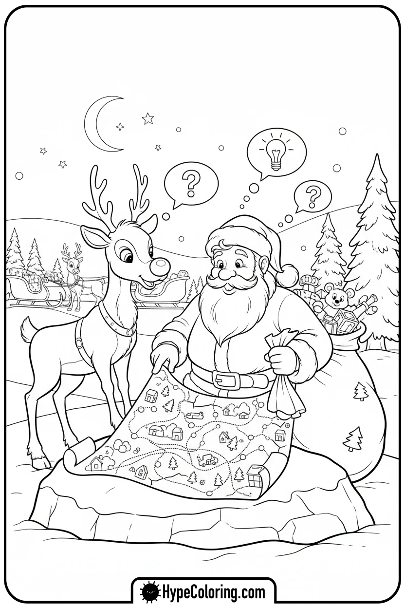rudolph-helping-santa-with-map - rudolph coloring pages