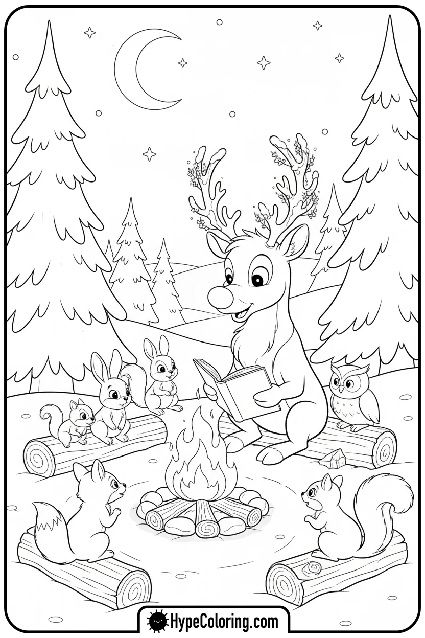 rudolph-telling-campfire-story - rudolph coloring pages