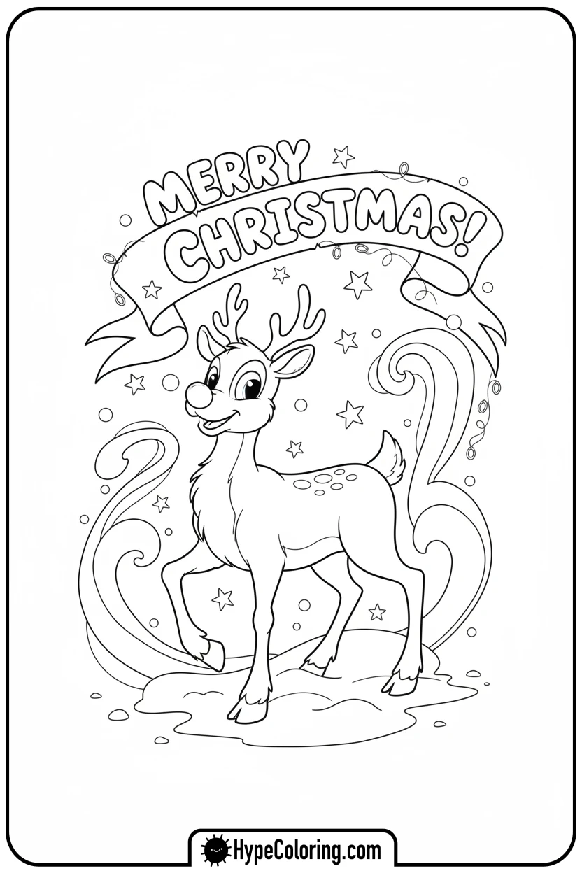 rudolph-holding-merry-christmas-banner - rudolph coloring pages