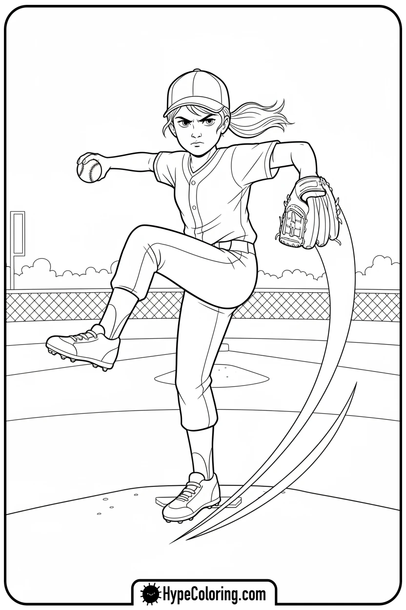 girl-pitching-baseball - baseball coloring page
