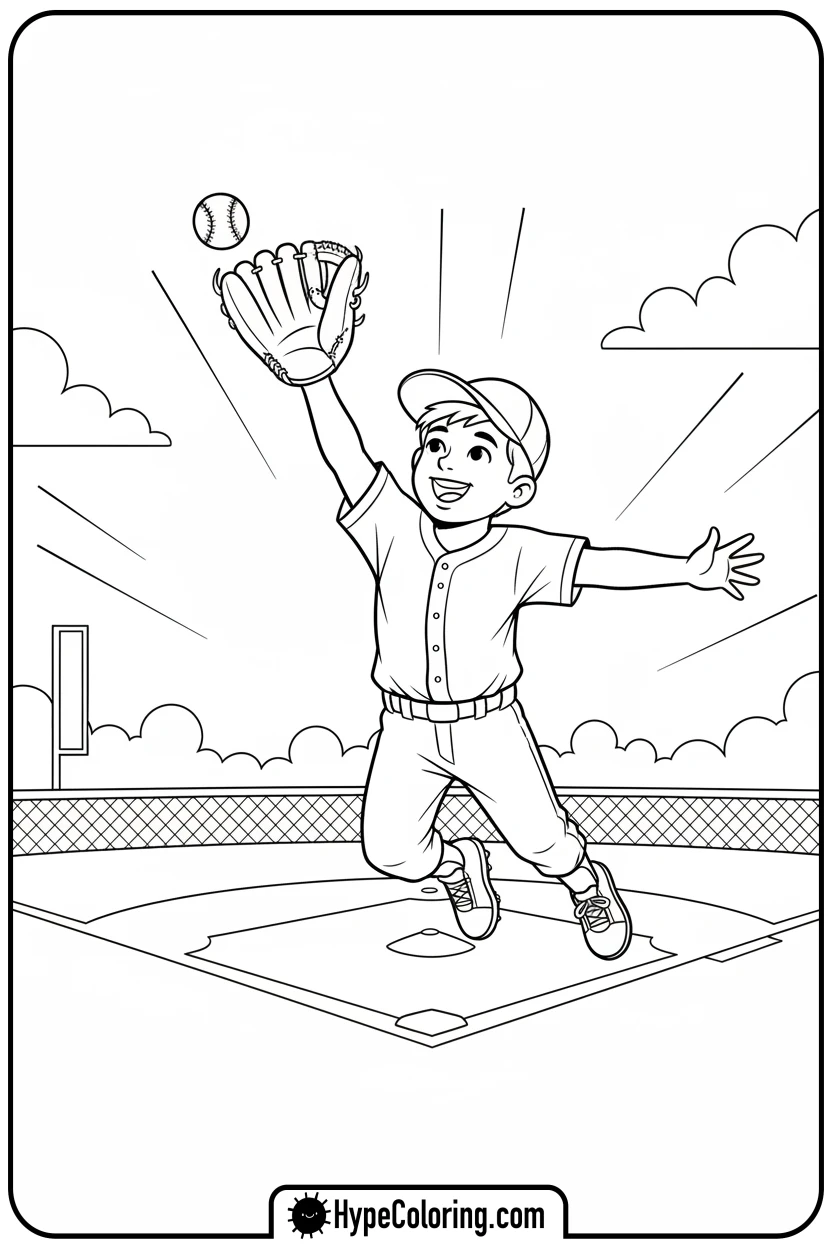 kid-catching-pop-fly - baseball coloring page