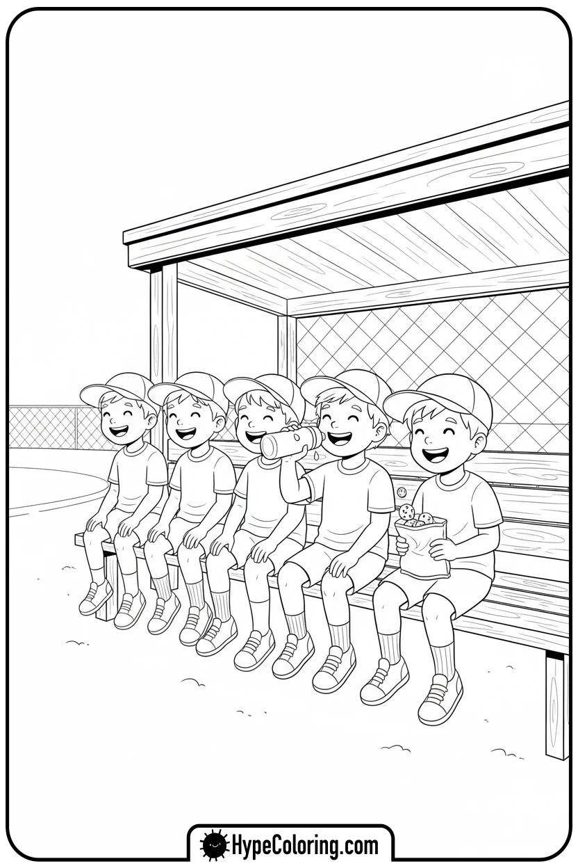 kids-in-dugout - baseball coloring page