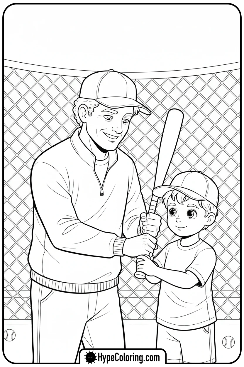 coach-teaching-batting - baseball coloring page