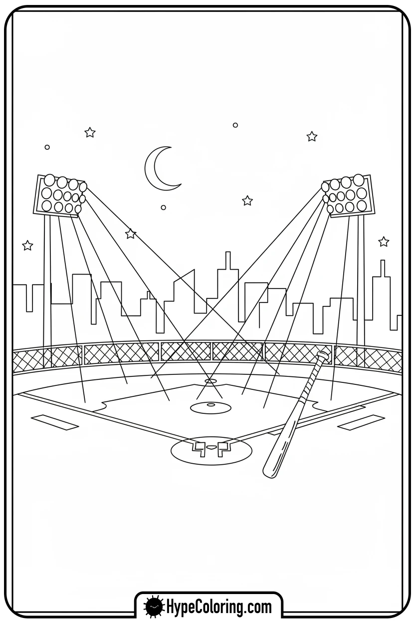 night-baseball-field - baseball coloring page