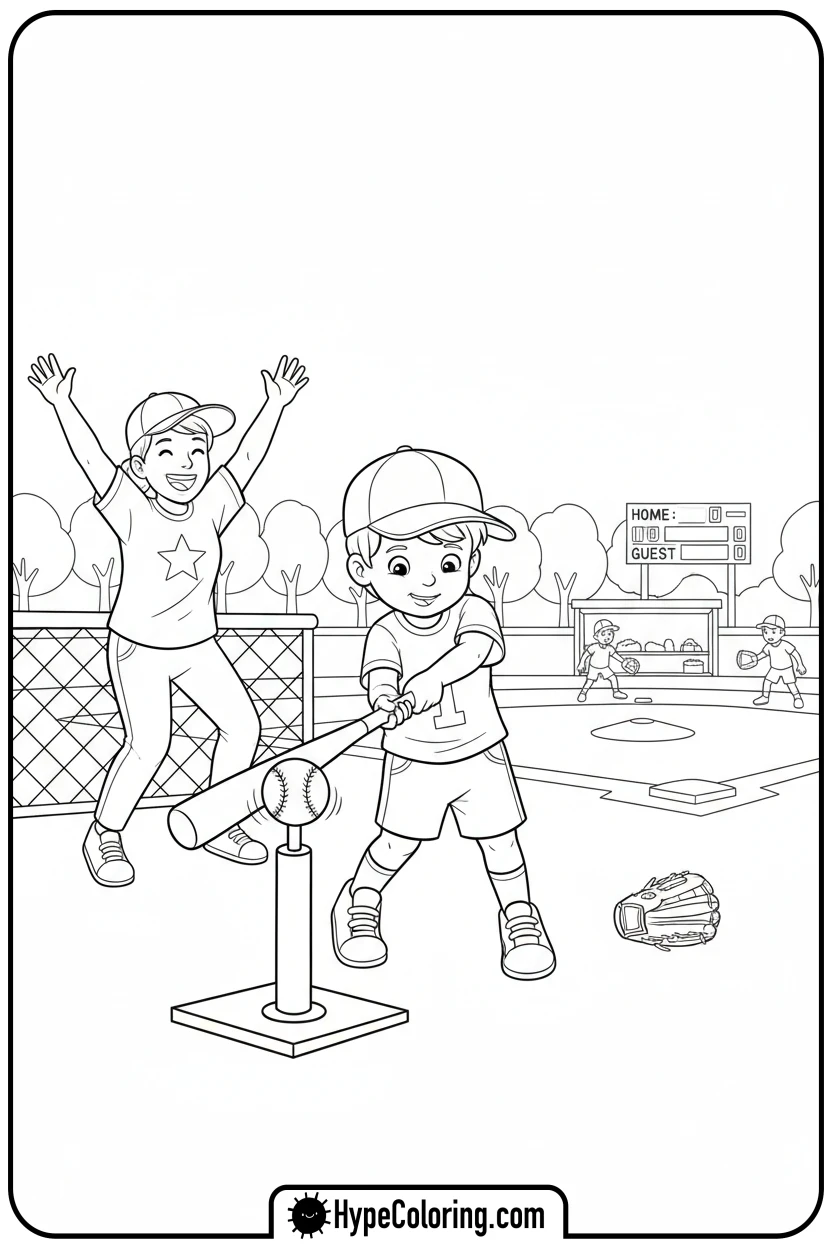 child-hitting-t-ball - baseball coloring page