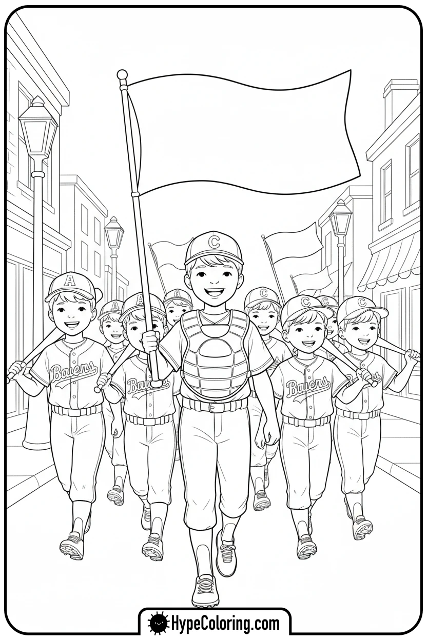 kids-baseball-parade - baseball coloring page